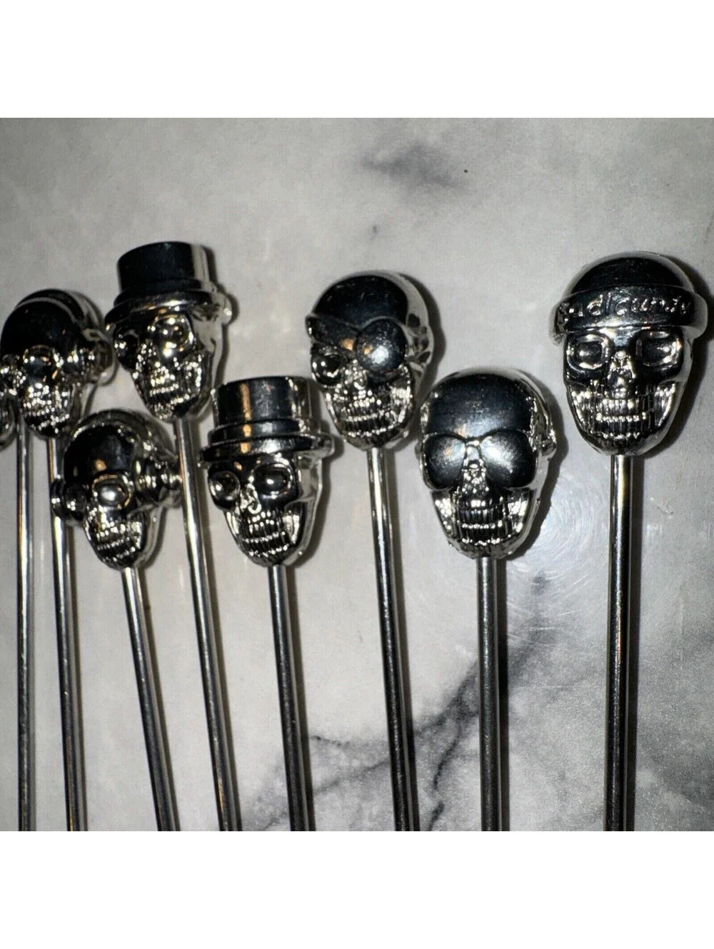 8 Silver Metal Halloween Skull Cocktail Appetizer Food Sticks Toothpicks Party